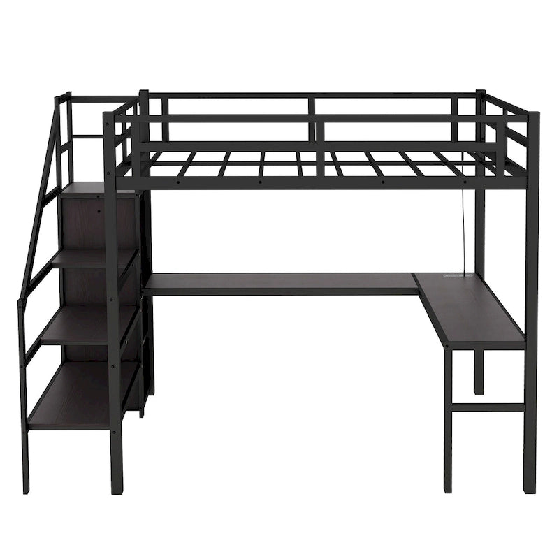 Cama alta de metal Twin XL con escritorio en forma de L, USB y LED para niños y adolescentes
