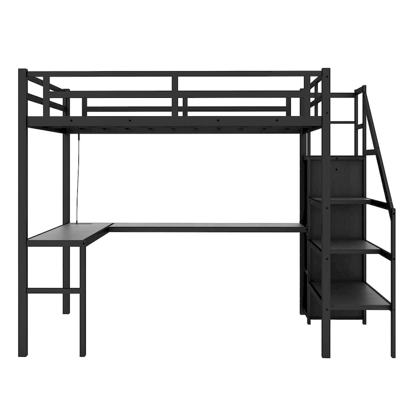Cama alta de metal Twin XL con escritorio en forma de L, USB y LED para niños y adolescentes