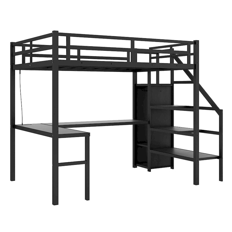 Cama alta de metal Twin XL con escritorio en forma de L, USB y LED para niños y adolescentes