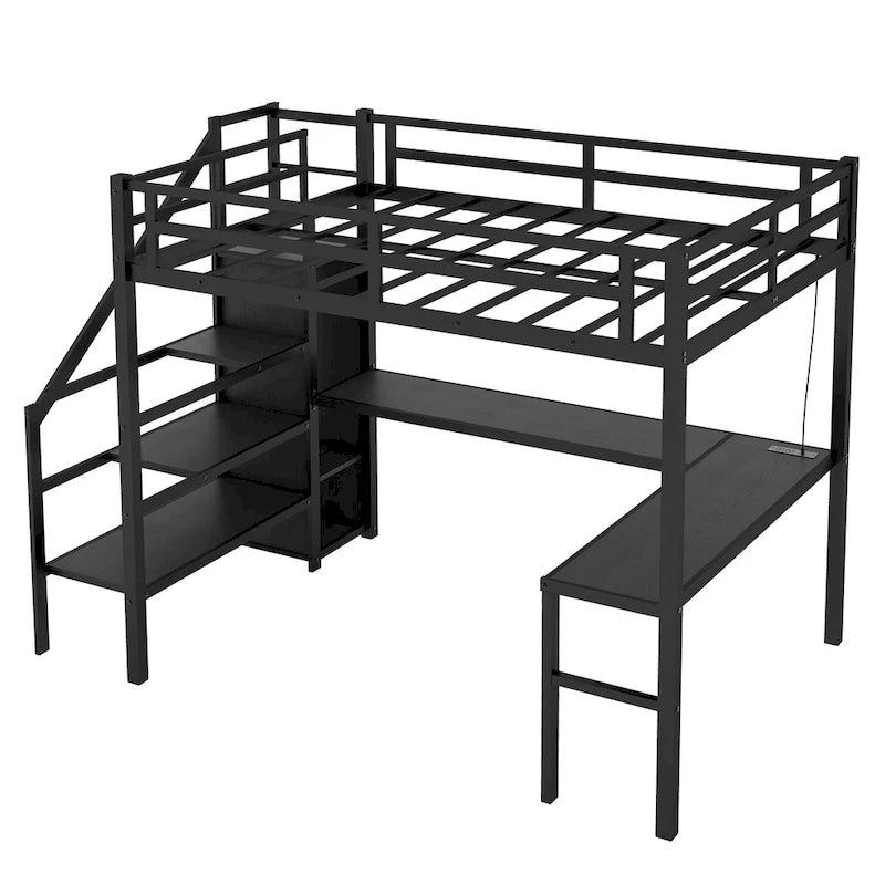 Cama alta de metal Twin XL con escritorio en forma de L, USB y LED para niños y adolescentes