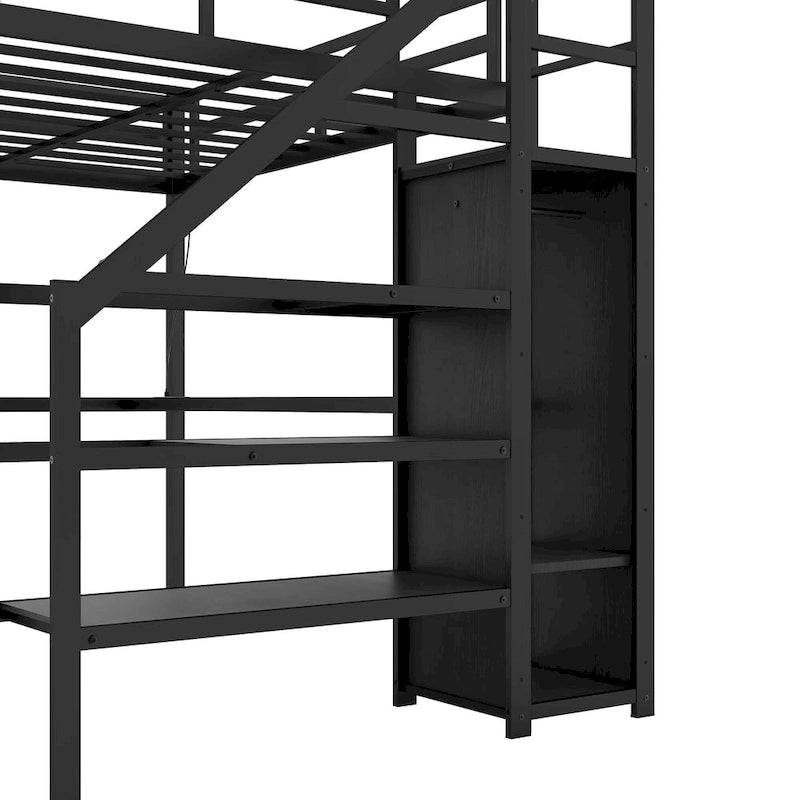 Cama alta de metal Twin XL con escritorio en forma de L, USB y LED para niños y adolescentes