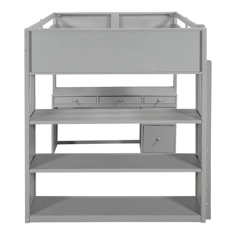 Cama alta con escalera, estantes y escritorio