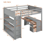 Cama alta con escalera, estantes y escritorio