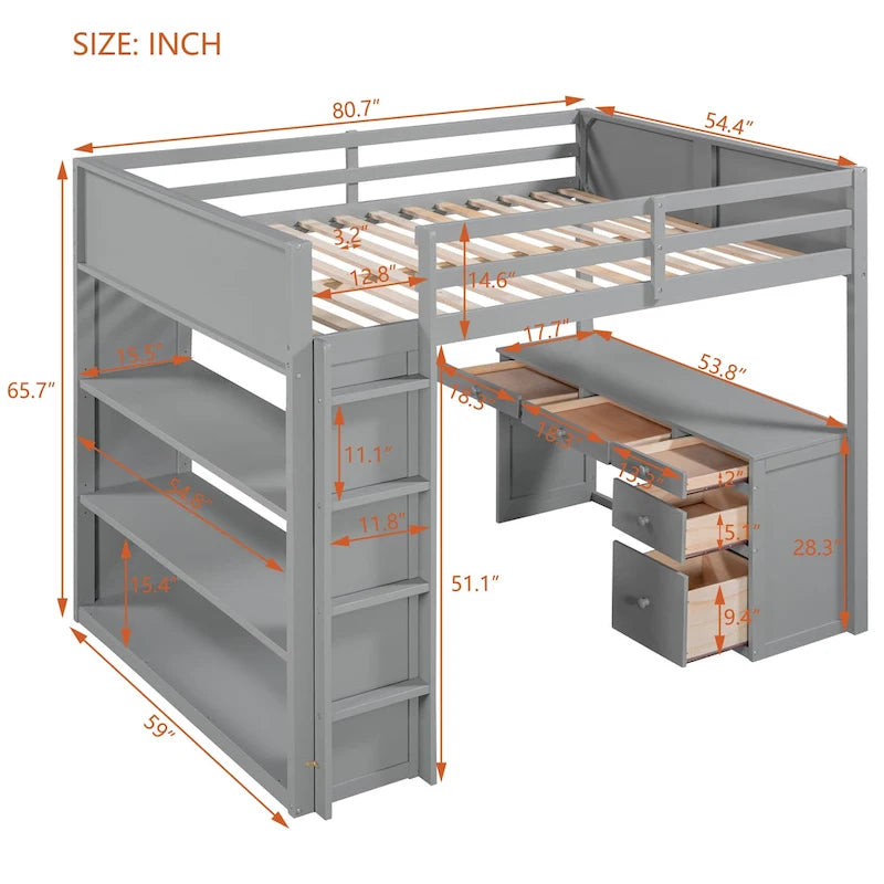 Cama alta con escalera, estantes y escritorio