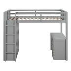 Cama alta con escalera, estantes y escritorio