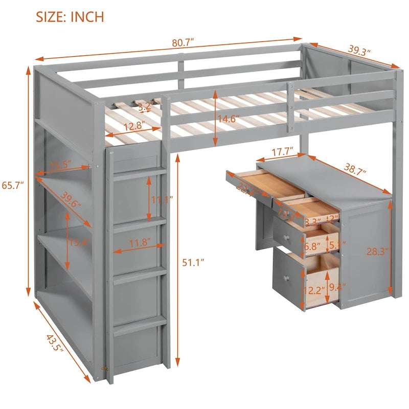 Cama alta con escalera, estantes y escritorio