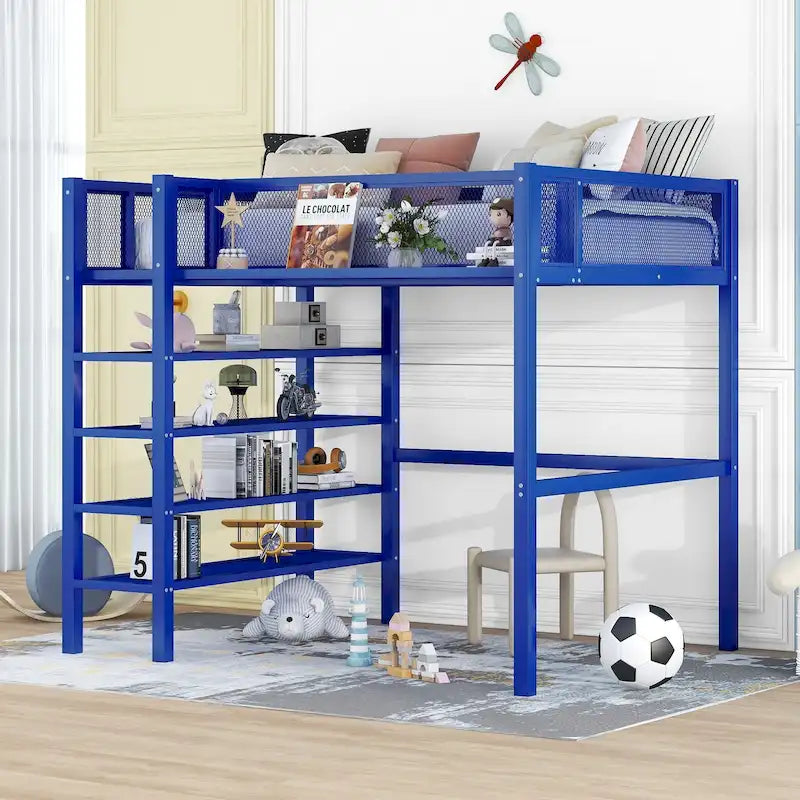 Cama alta de metal con estantes y almacenamiento de 4 niveles