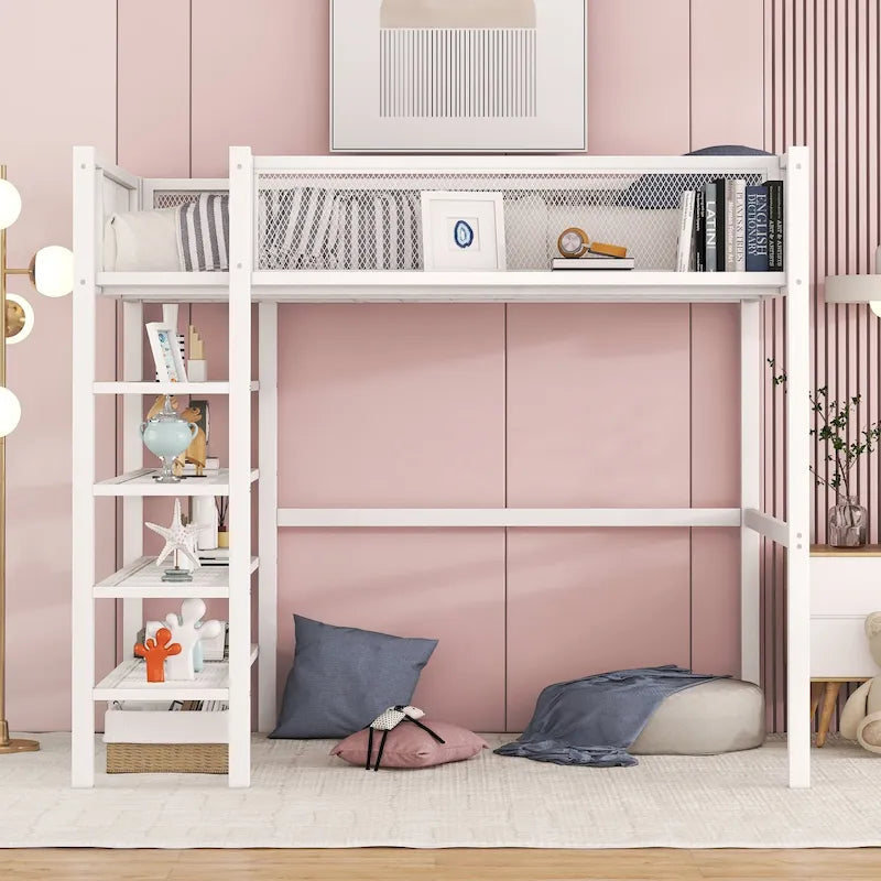 Cama alta de metal con estantes y almacenamiento de 4 niveles