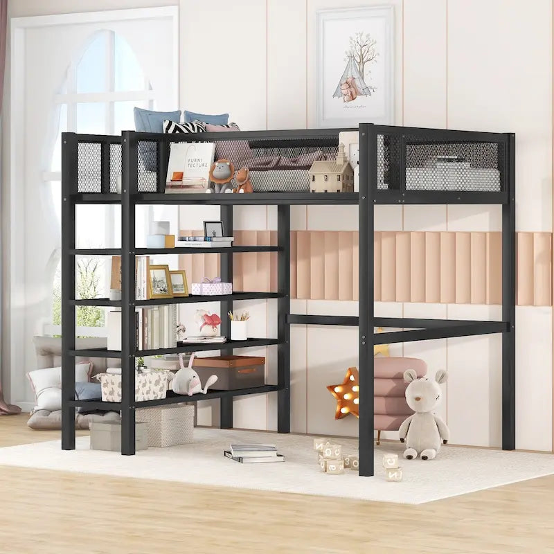 Cama alta de metal con estantes y almacenamiento de 4 niveles