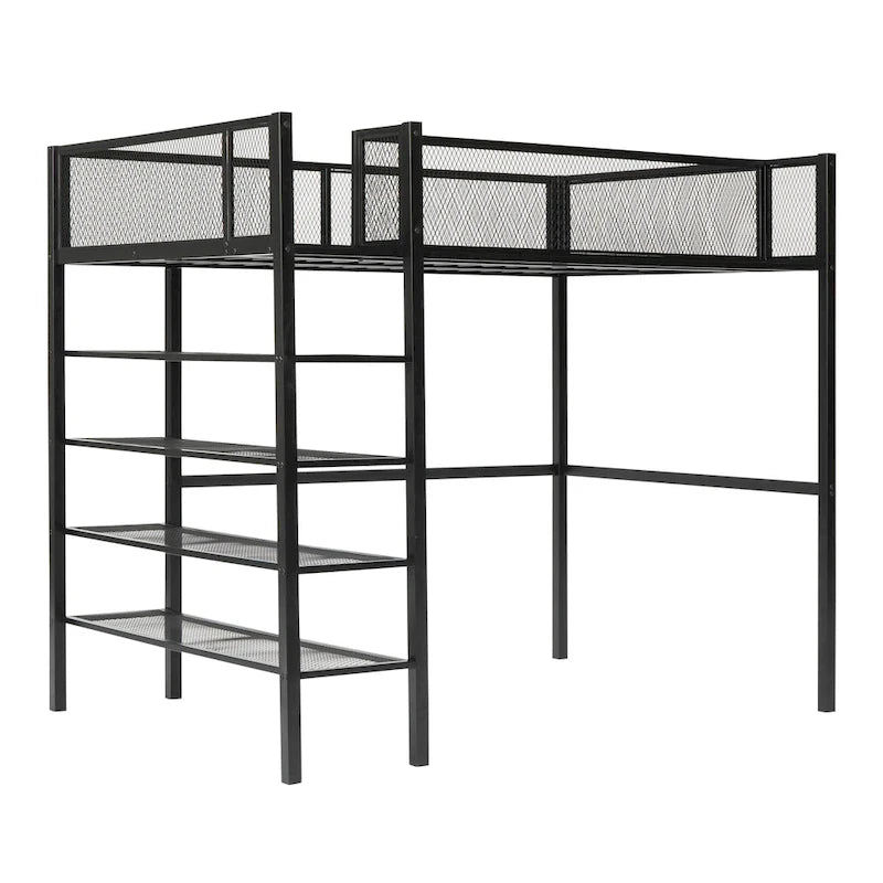 Cama alta de metal con estantes y almacenamiento de 4 niveles