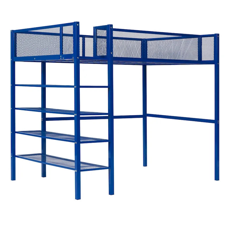 Cama alta de metal con estantes y almacenamiento de 4 niveles