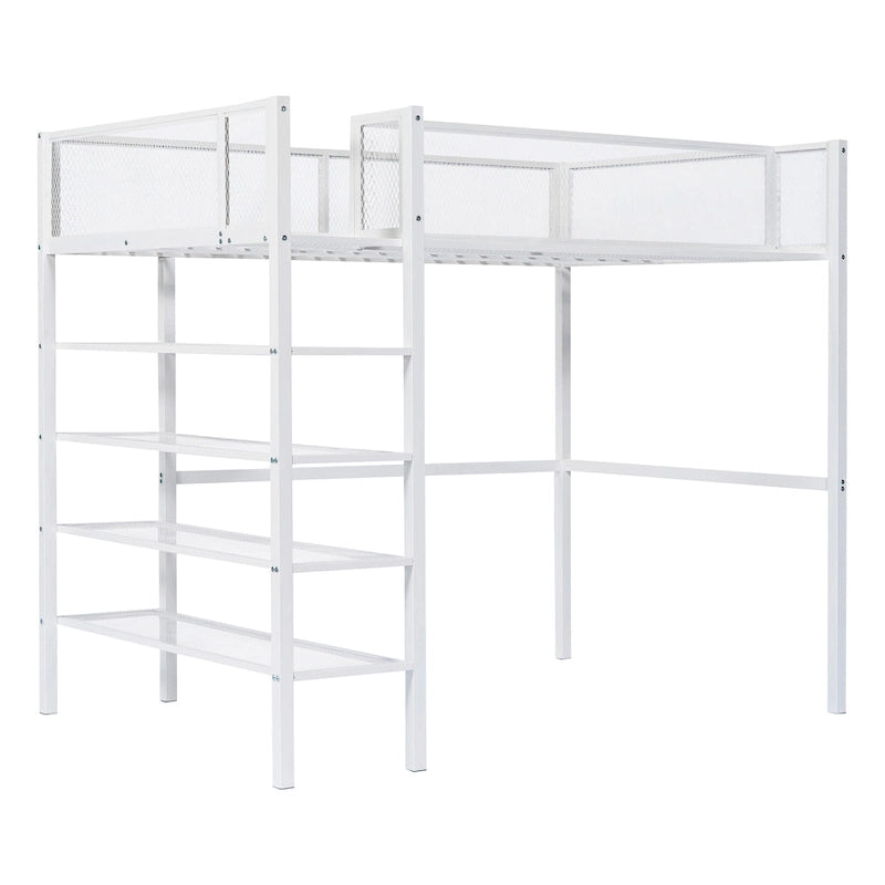 Cama alta de metal con estantes y almacenamiento de 4 niveles