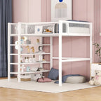 Cama alta de metal con estantes y almacenamiento de 4 niveles