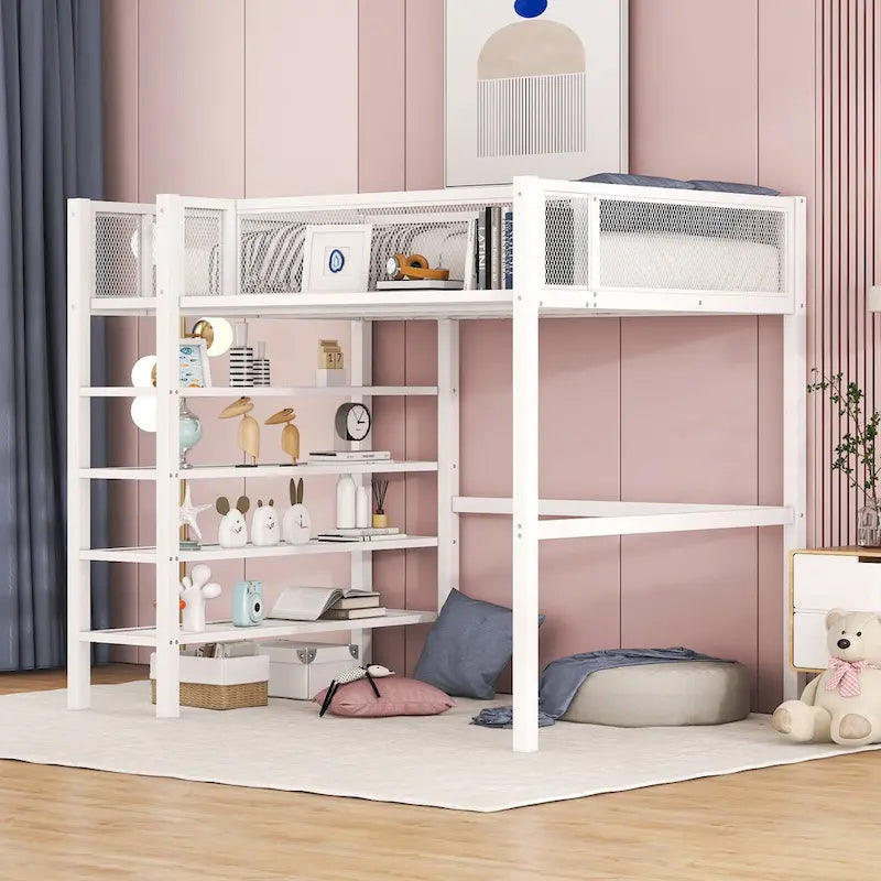 Cama alta de metal con estantes y almacenamiento de 4 niveles
