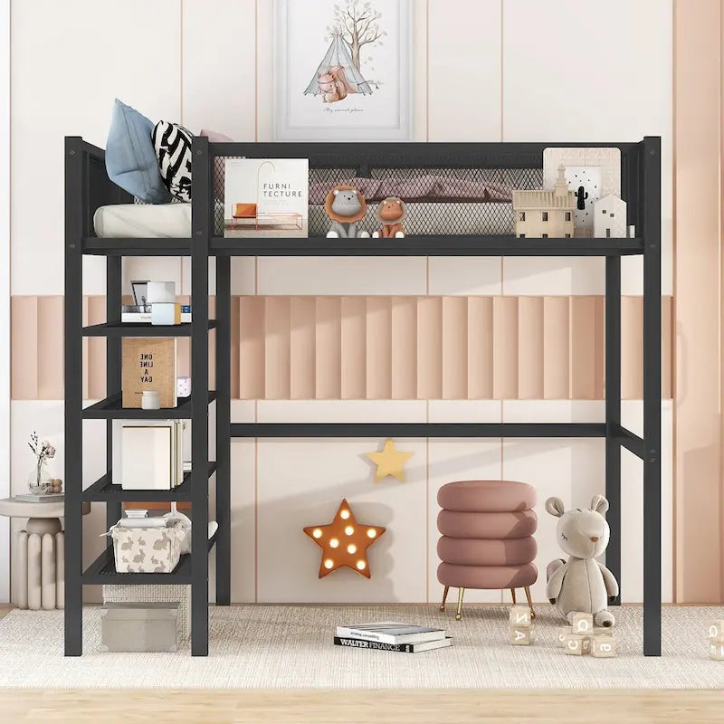 Cama alta de metal con estantes y almacenamiento de 4 niveles