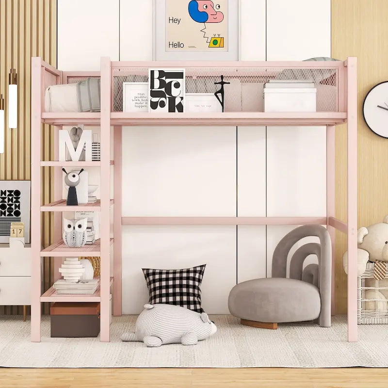 Cama alta de metal con estantes y almacenamiento de 4 niveles