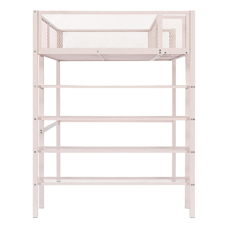 Cama alta de metal con estantes y almacenamiento de 4 niveles