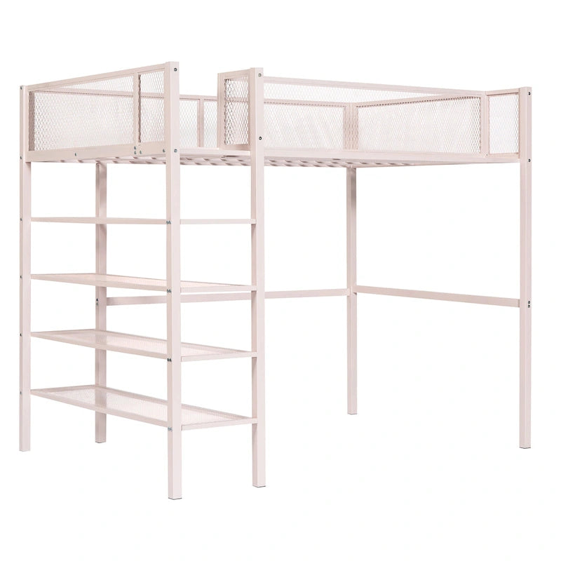 Cama alta de metal con estantes y almacenamiento de 4 niveles