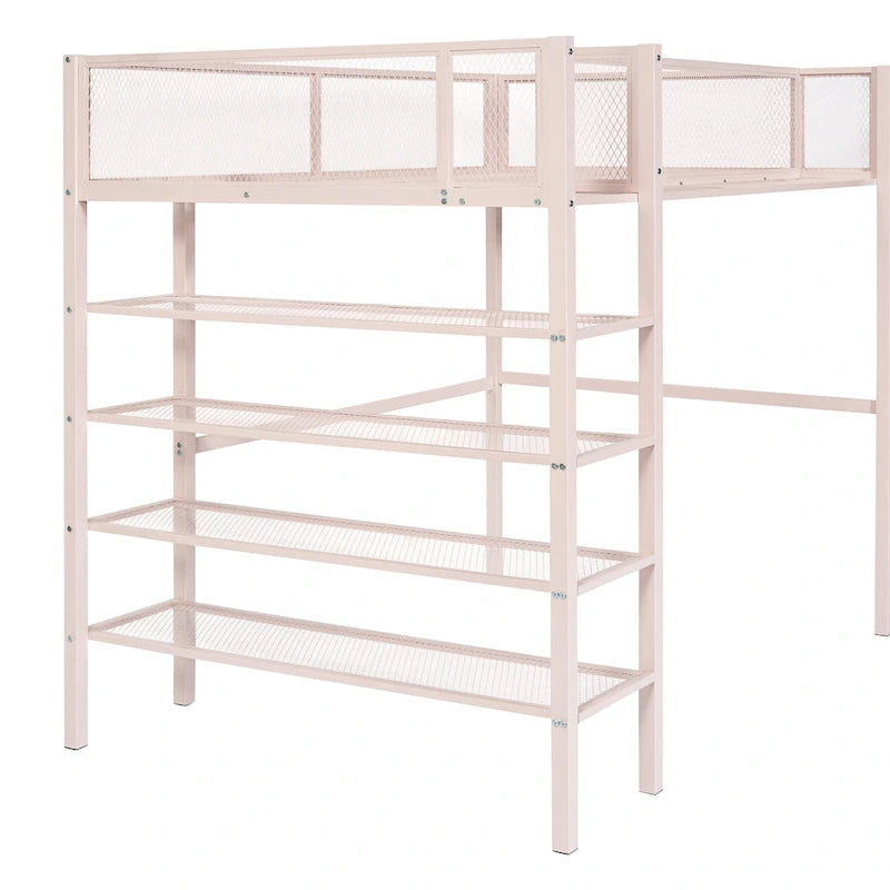 Cama alta de metal con estantes y almacenamiento de 4 niveles