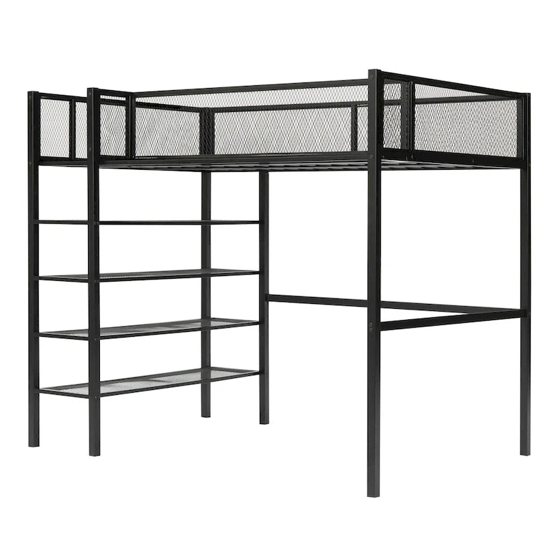 Cama alta de metal con estantes y almacenamiento de 4 niveles