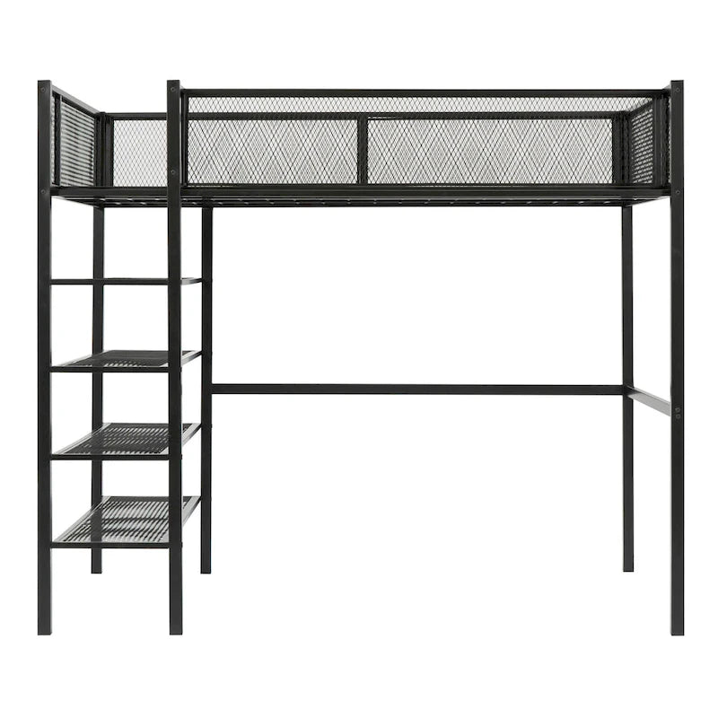 Cama alta de metal con estantes y almacenamiento de 4 niveles