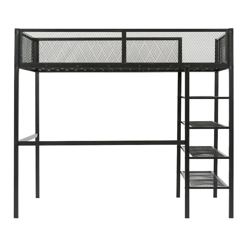 Cama alta de metal con estantes y almacenamiento de 4 niveles