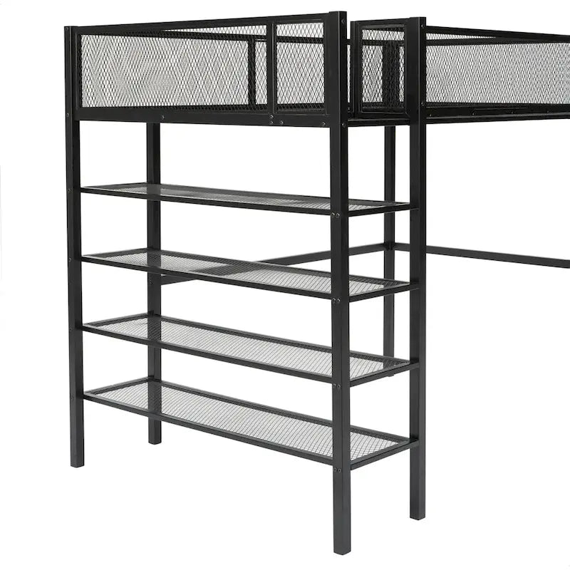 Cama alta de metal con estantes y almacenamiento de 4 niveles