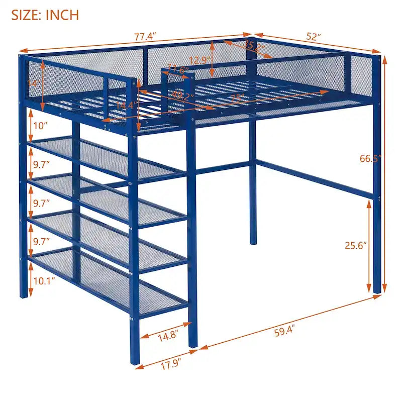Cama alta de metal con estantes y almacenamiento de 4 niveles