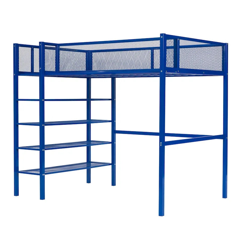 Cama alta de metal con estantes y almacenamiento de 4 niveles