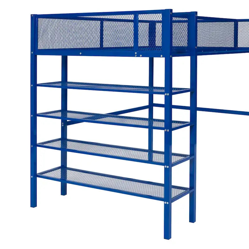 Cama alta de metal con estantes y almacenamiento de 4 niveles