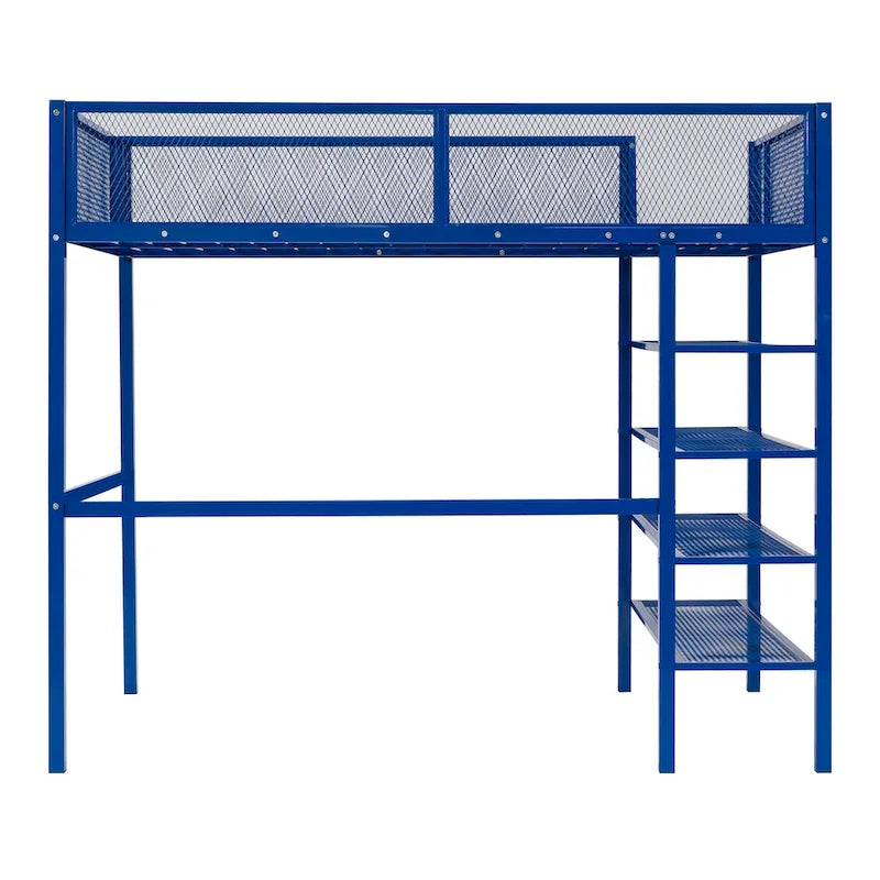 Cama alta de metal con estantes y almacenamiento de 4 niveles