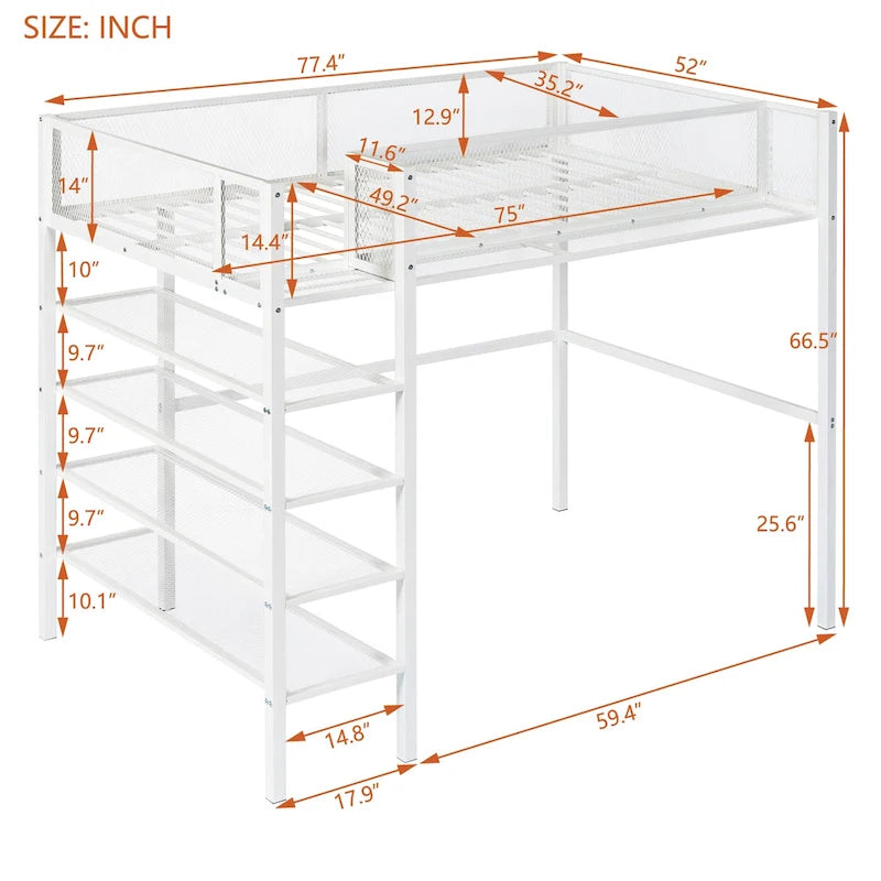 Cama alta de metal con estantes y almacenamiento de 4 niveles