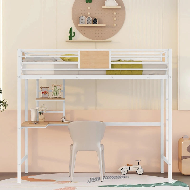 Cama alta de metal individual con escritorio y estante
