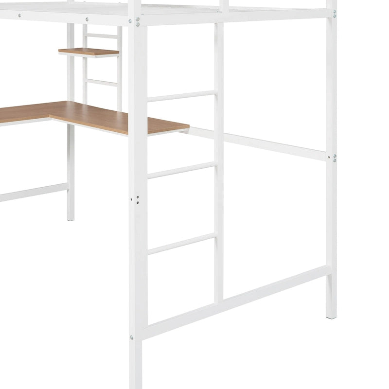 Cama alta de metal individual con escritorio y estante