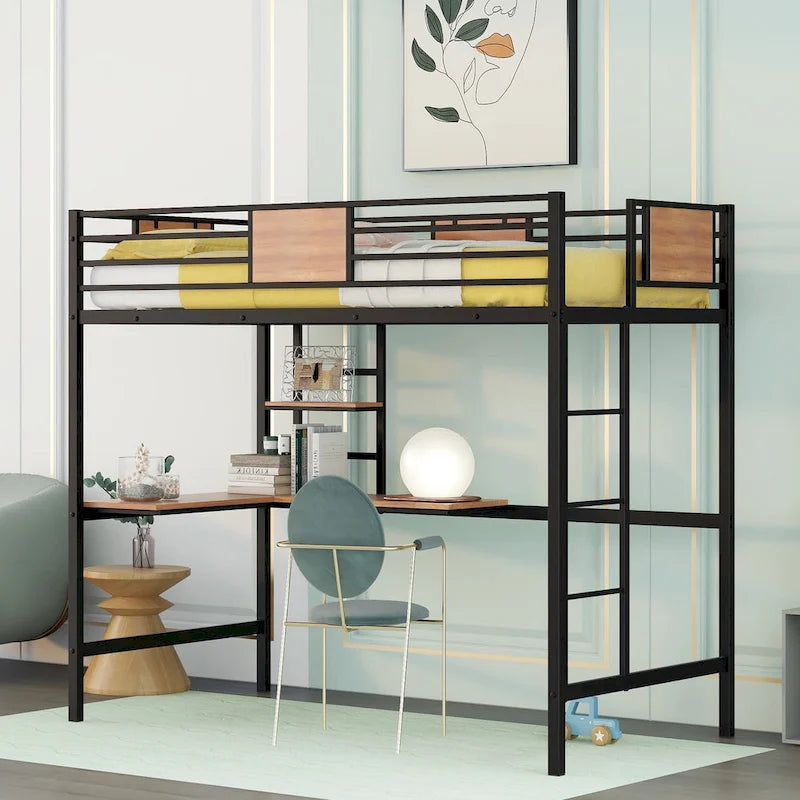 Cama alta de metal individual con escritorio y estante