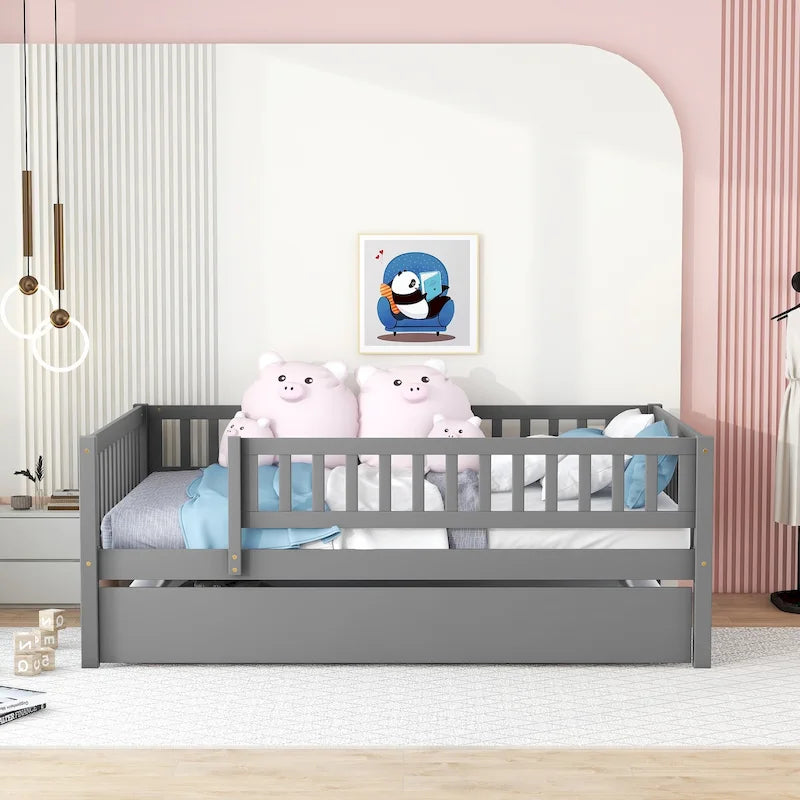 Cama de día de madera de tamaño completo con cama nido y barandillas de seguridad