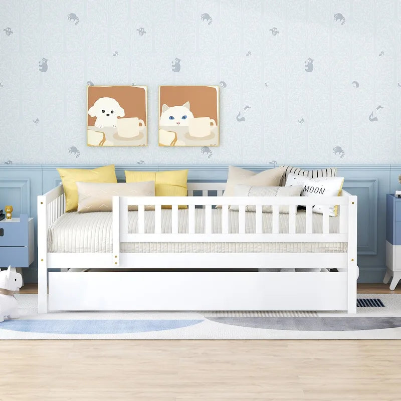 Cama de día de madera de tamaño completo con cama nido y barandillas de seguridad
