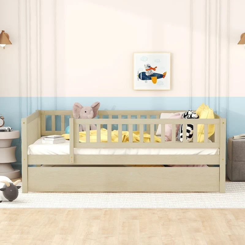 Cama de día de madera de tamaño completo con cama nido y barandillas de seguridad
