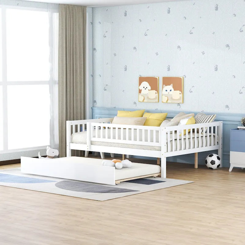 Cama de día de madera de tamaño completo con cama nido y barandillas de seguridad