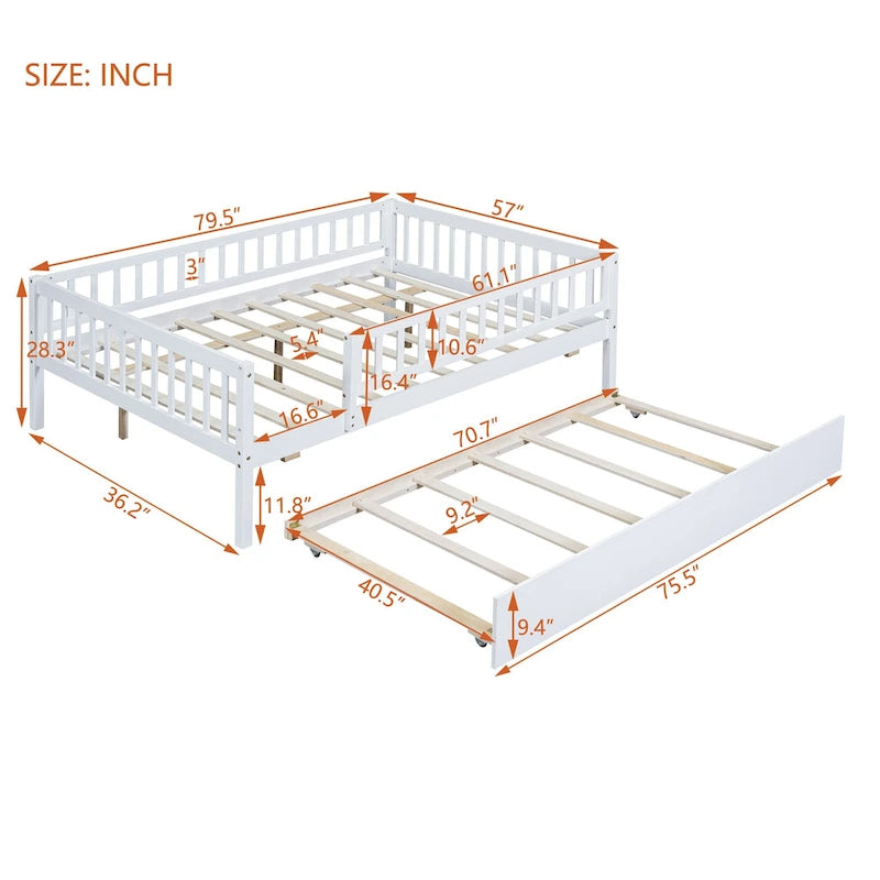 Cama de día de madera de tamaño completo con cama nido y barandillas de seguridad