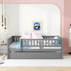 Cama de día de madera de tamaño completo con cama nido y barandillas de seguridad