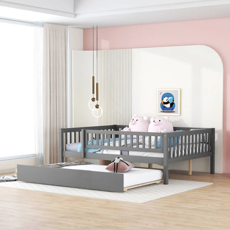 Cama de día de madera de tamaño completo con cama nido y barandillas de seguridad