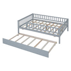 Cama de día de madera de tamaño completo con cama nido y barandillas de seguridad