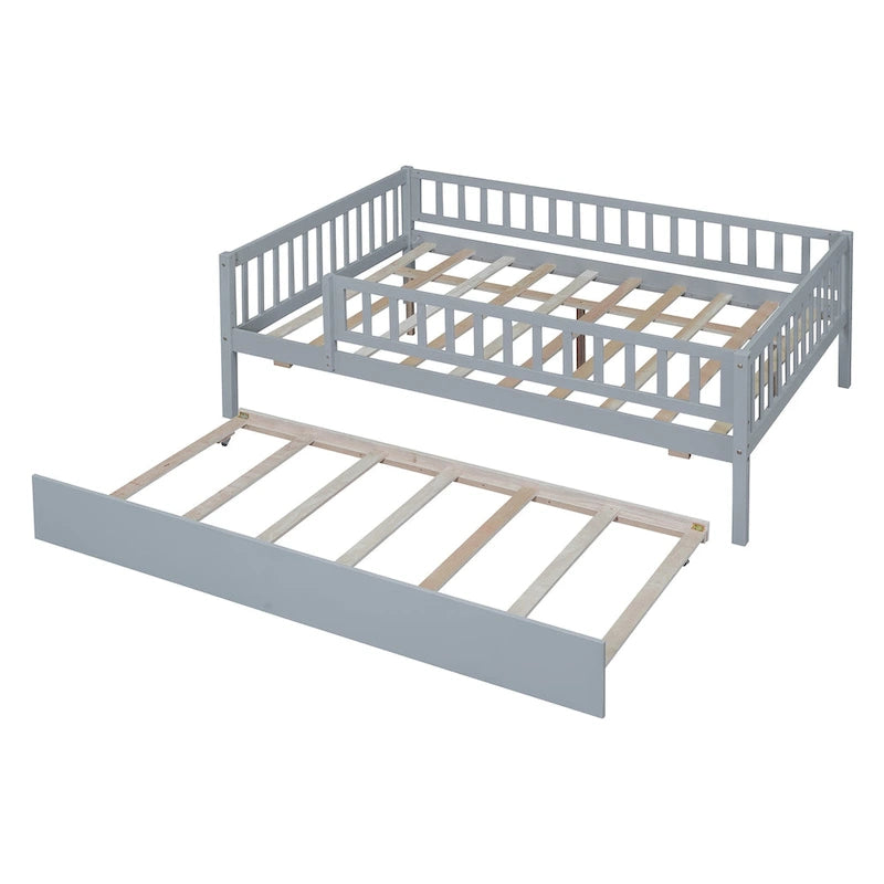 Cama de día de madera de tamaño completo con cama nido y barandillas de seguridad