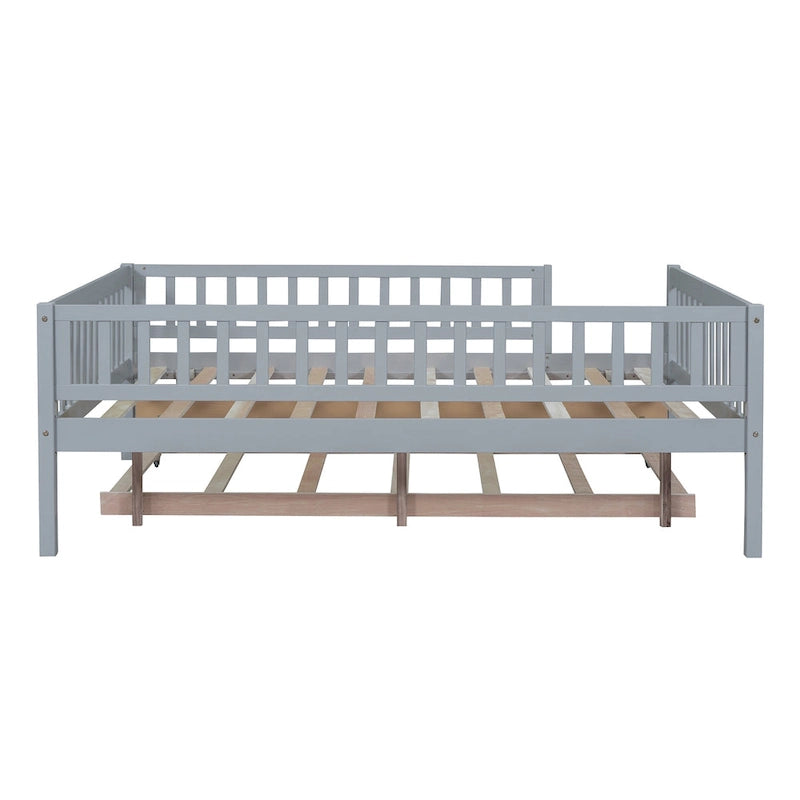 Cama de día de madera de tamaño completo con cama nido y barandillas de seguridad