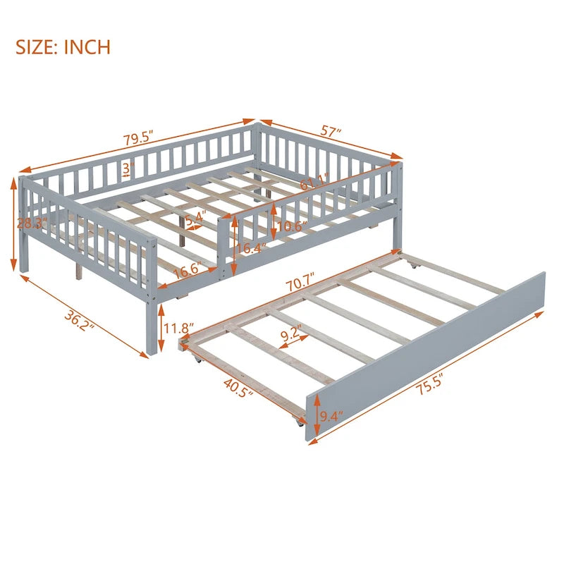 Cama de día de madera de tamaño completo con cama nido y barandillas de seguridad