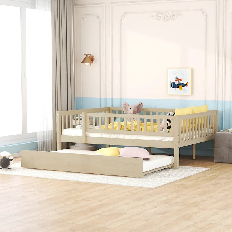 Cama de día de madera de tamaño completo con cama nido y barandillas de seguridad