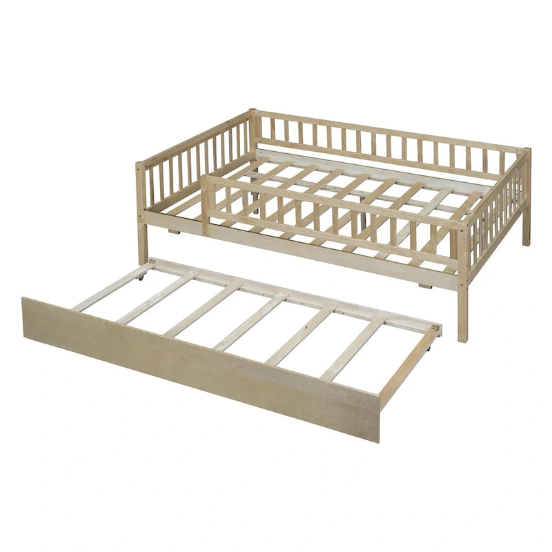 Cama de día de madera de tamaño completo con cama nido y barandillas de seguridad