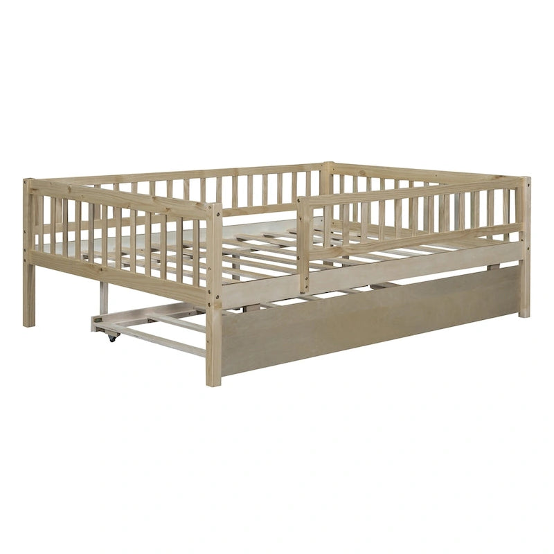 Cama de día de madera de tamaño completo con cama nido y barandillas de seguridad