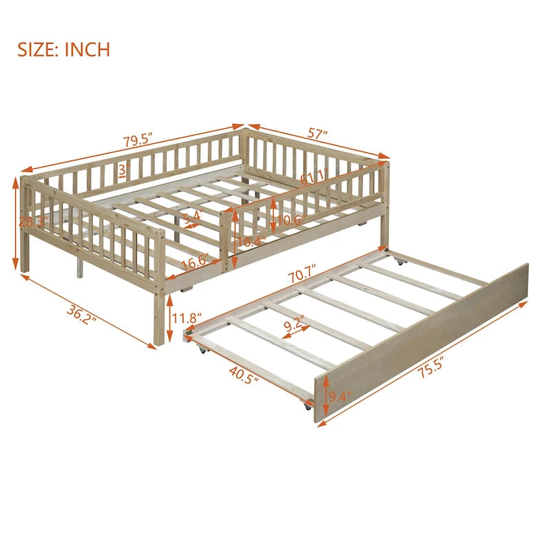 Cama de día de madera de tamaño completo con cama nido y barandillas de seguridad